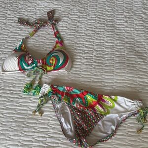Trina Turk White Swirl Print Halter Bikini with Bright Accents